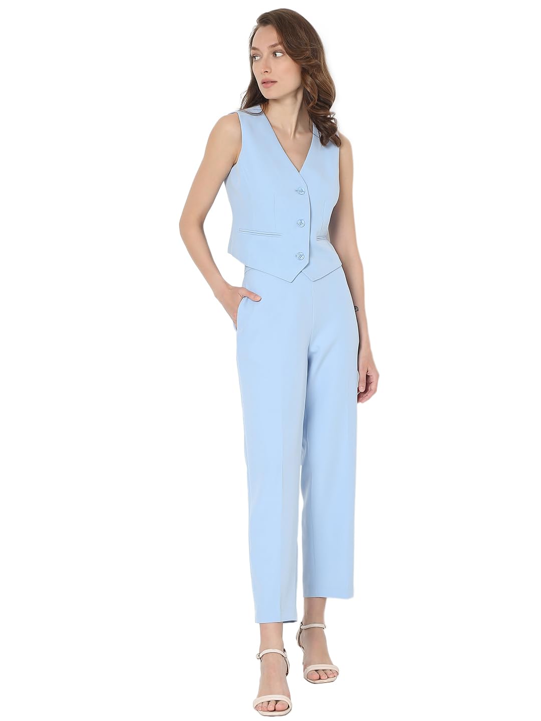 VERO MODA Women Solid Blue Polyester Regular Fit Single Breasted Waistcoat