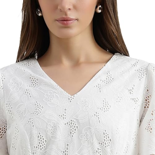 United Colors of Benetton Regular Fit V-Neck Schiffli Embroidered Dress (Size : S) - 26P4WVNDRS83I101 White