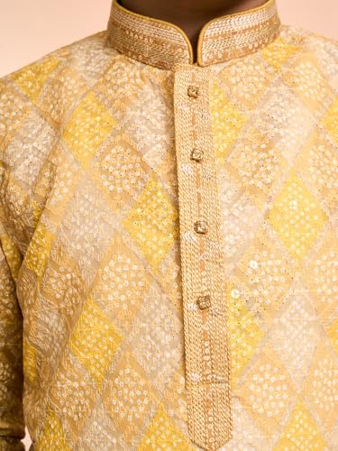 Manyavar Boys Cotton Blend Bandhani Printed & Thread Embroidery Kurta Pyjama Set (Mustard,4-5Y)