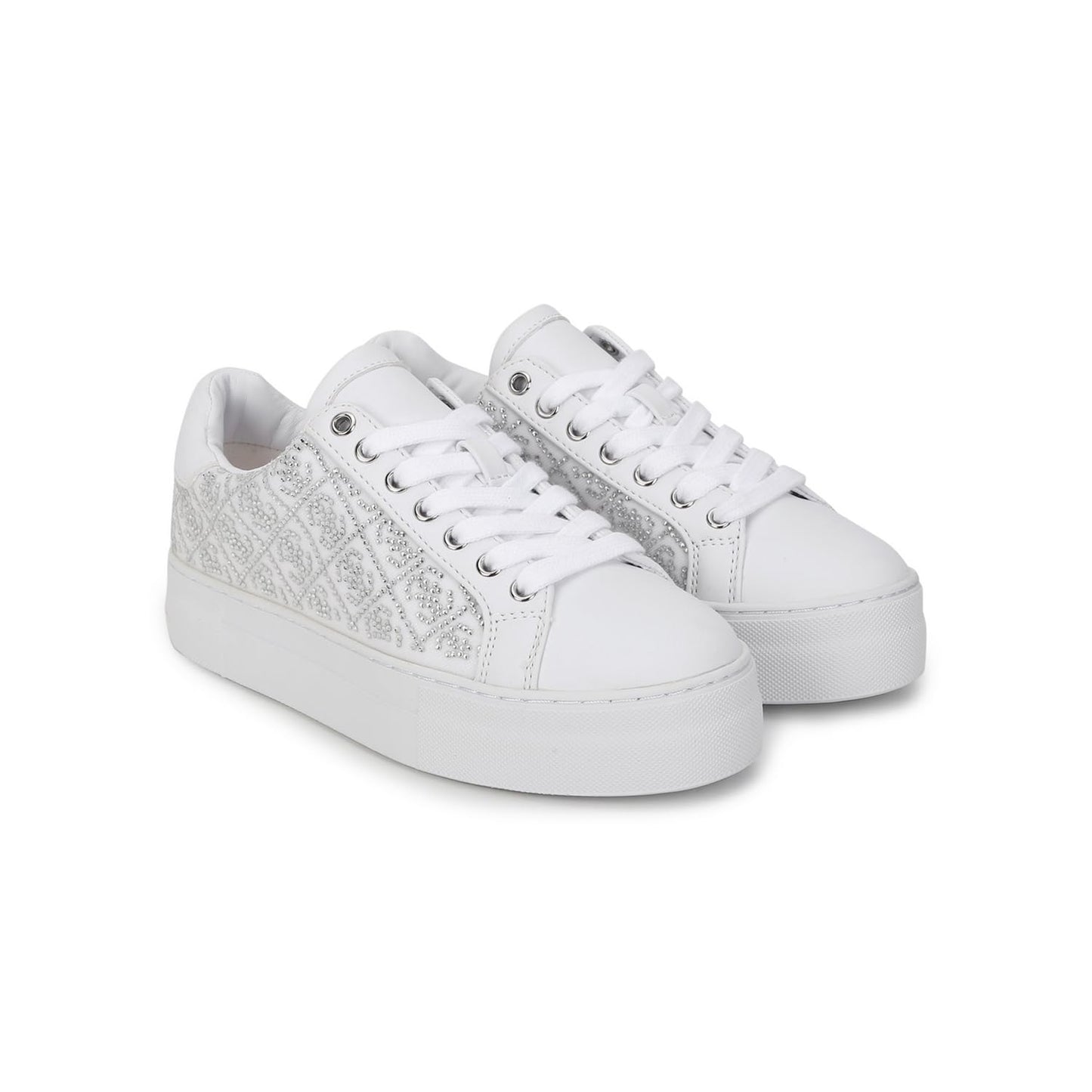 GUESS Women White Embellished Lace-Up Sneakers