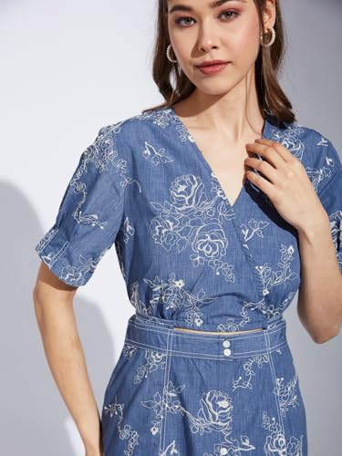 Latin Quarters Women Blue V-Neck Half Sleeve Printed A-Line Dress_L