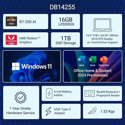 Dell 14, AMD Ryzen AI R7-350 Processor, 16GB LPDDR5X RAM, 1TBSSD, FHD Plus 14"/35.56cm, Win 11+Office H&S 2024, Ice Blue, 1.52Kg, 300Nits Display,AMD Radeon Graphics, Backlit+FPS KB, AI Powered Laptop