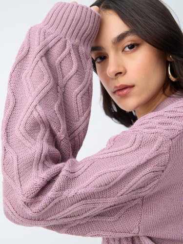 The Souled Store Cable-Knit Sweater: Dusky Rose Women and Girls Full Sleeves Round Neck Knitted Acrylic Lightweight Casual Oversized Sweater