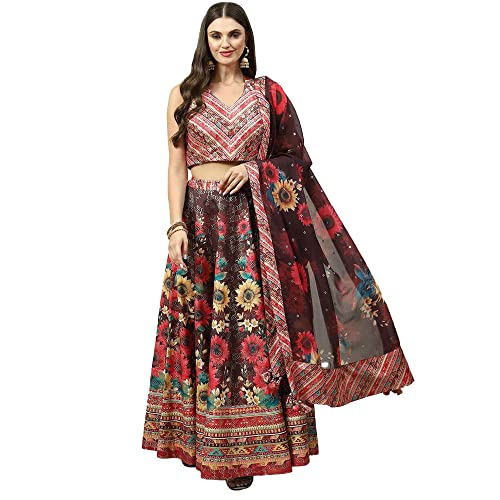 BIBA WOMEN PRINTED FLARED SALWAR KURTA DUPATTA(SKDASSORTED8199_CHOCO BROWN_38)