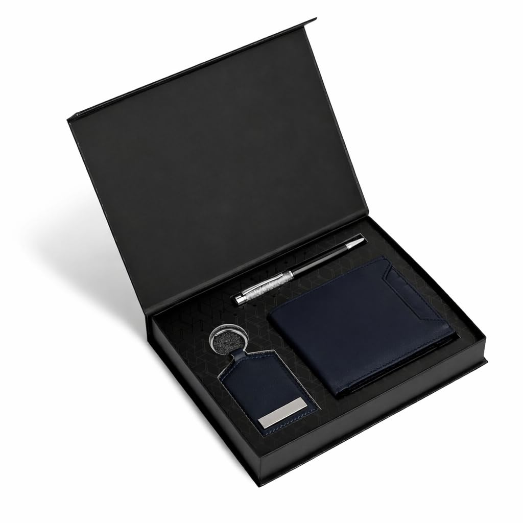 Smith & Blake - Gift Combo Set - Wallet for Men, Pen and Key Ring - Blue Leather - Fortuna