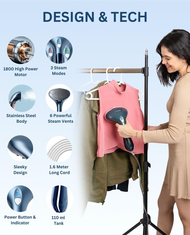 OWNAIR Handheld Garment Steamer for clothes, steam iron press, easy vertical horizontal steaming, steamer for ironing clothes, 24g/min high steam 1800 Watt, 110 ml, 15-sec Fast Heat