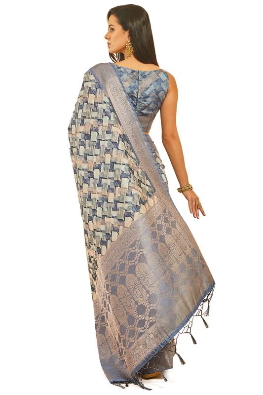 Soch Womens Blue Geometric Print Chanderi Jacquard Weave Saree