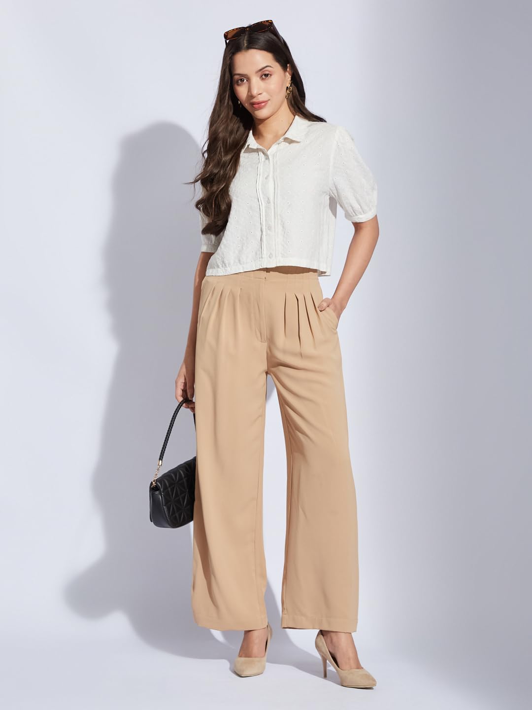 Latin Quarters Women Ivory Collared Half Sleeves Solid Shirt Blouse for Casual Wear_M