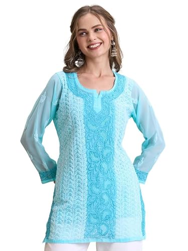 Ada Hand Embroidered Lucknowi Chikankari Georgette Short Kurti Top Tunic for Women A911519 Blue (L)