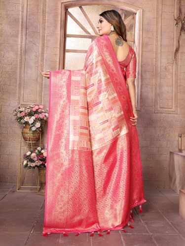 Panzora Women's Peach Banarasi Silk Saree With Unstitched Blouse Piece