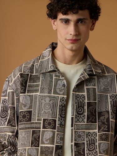 The Souled Store Nomad: Spirit Men and Boys Full Sleeves Spread Collar Brown and Beige Geometric Printed Cotton Lightweight Everyday Oversized Shackets