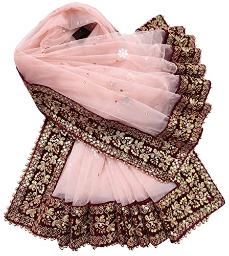 Navti Creations Women's Heavy Net Dupatta With Zari Embroidery Heavy Border (Stone work, 2.25m) (Peach- Maroon)