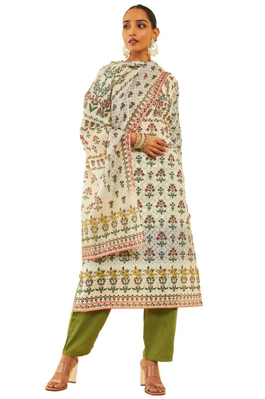 Soch Womens Cream Cotton Blend Floral Print With Embroidered Suit Set