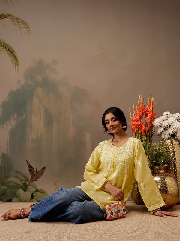 Ada Hand Embroidered Yellow Cotton Short Kurta Kurti Lucknow Chikankari Top Tunic for Women A911464 (2XL)