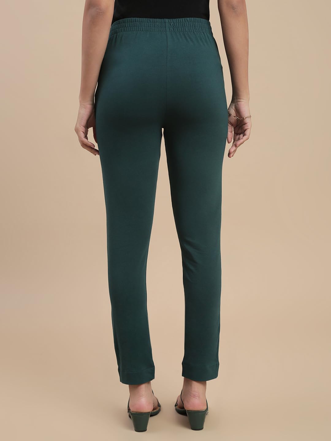 De Moza Women Pencil Fit Cigarette Pant - Bottle Green | 95% Cotton 5% Elastane | Mid Rise | 2 Pockets | Casual & Office Wear