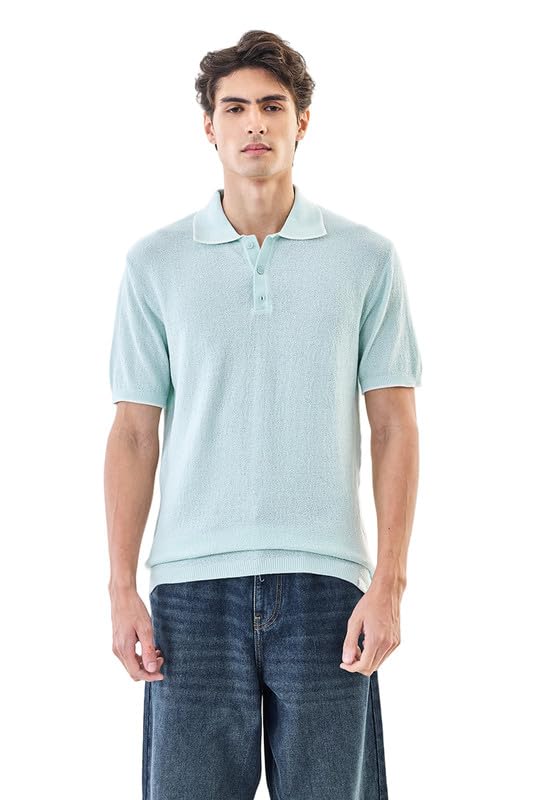 SNITCH Men’s Polo Core Lab T-Shirt | Textured Knit Design with Buttoned Closure | 100% Cotton Fabric for Breathable Comfort & Casual Wear | Light Green