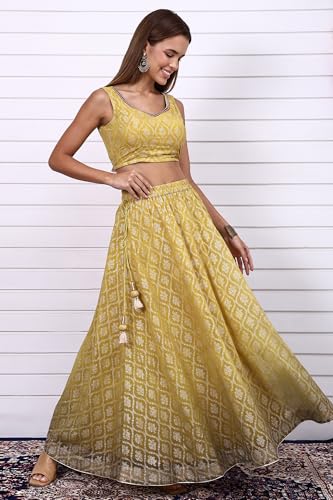 Aurelia Women's Lime Green Digital Printed Beads Straight Crop Top, Flared Skirt and Dupatta Set (Size: XS)-AS16171-509919