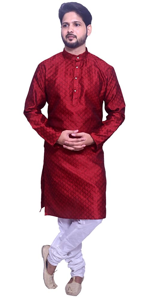 Om Shubh Mangalam Men's Booti Jacquard Red Kurta White Pajama For Wedding