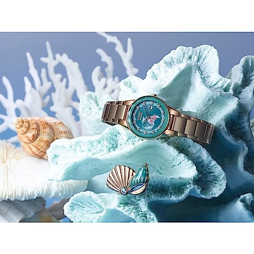 Citizen Eco-Drive Ladies' Special Edition Disney Princess Ariel "Making Waves my Way" Faceted Crystal Watch and Pin Gift Set, Gold Stainless Steel Watch, Green Dial, 30mm (Model: GA1073-63W), Rose
