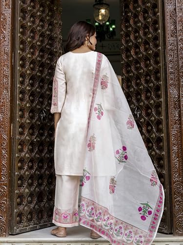 TRENDMALLS Women's Cotton Embroidery Kurta Pant with Dupatta Salwar Suit Set (G287-Offwhite-3XL-)