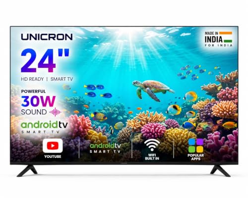 UNICRON 24 Inch Android Smart TV, HD LED Television with 30W Sound Speaker, WiFi Enabled, IPS A+ Display Panel, Gaming, Screen Mirroring & Mobile Connectivity