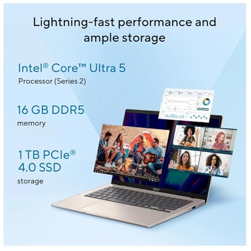 ASUS Vivobook 14 (2026),Intel Core Ultra 5 225H, Intel iGPU,16GB RAM,1TB SSD,FHD+, 14"(35.5 cm),Windows 11,M365 Basic(1 Year)* Office 2024, Platinum Gold, 1.46 Kg, X1407CA-LY1581WS,Thin & Light Laptop