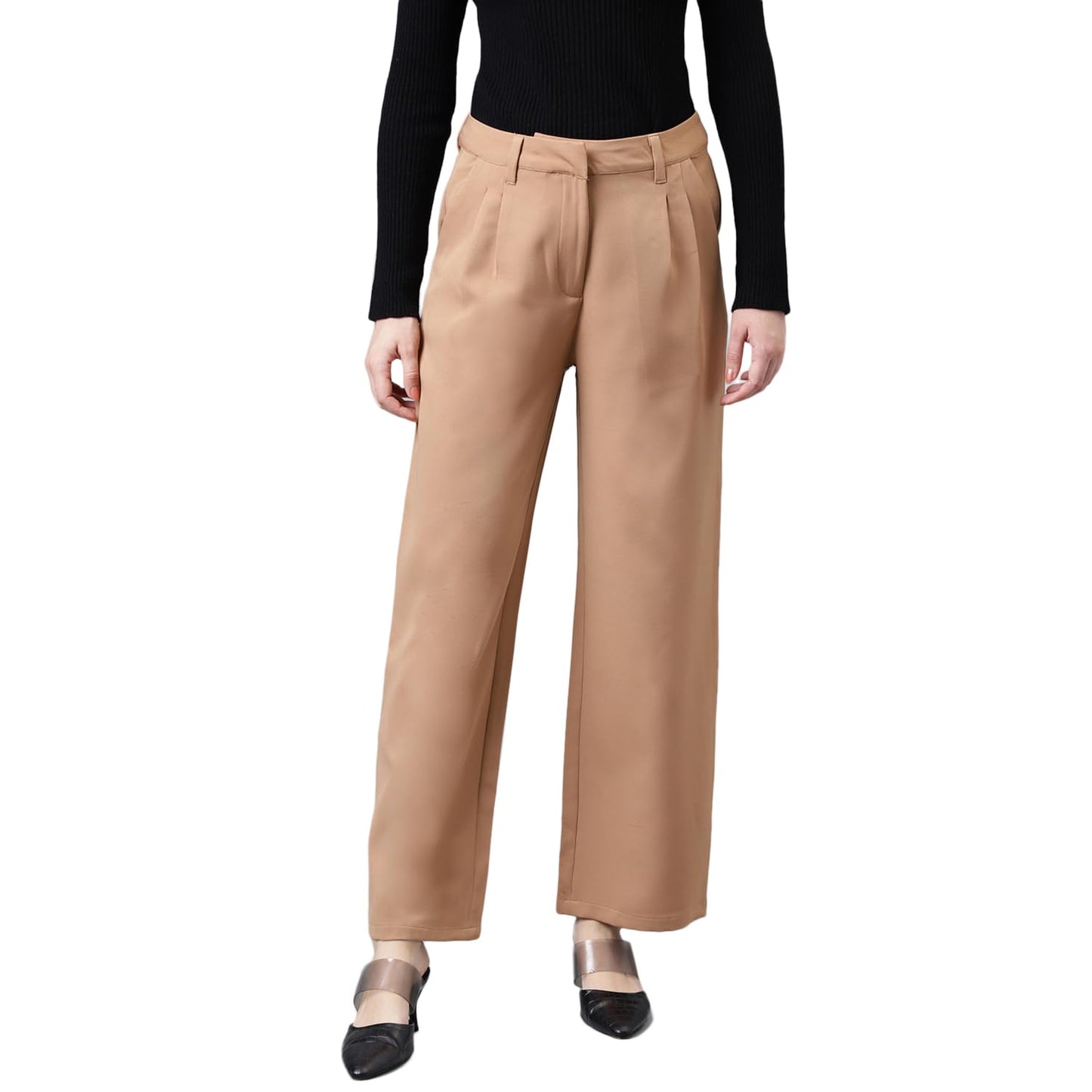 Latin Quarters Women's Solid Straight Beige Pant_M