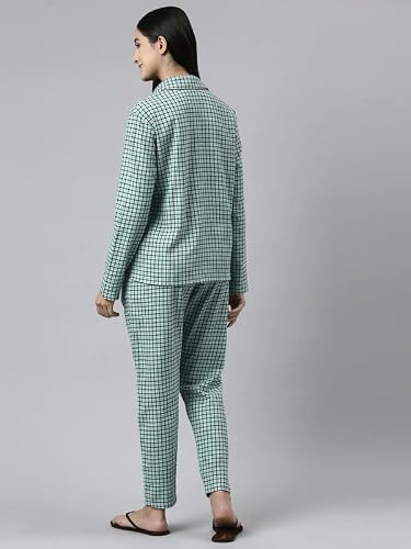 Enamor Essentials Relaxed Fit Cotton Flannel Woven Lazy Full Sleeve Shirt & Mid Rise Pant Set for Womens-EC20 (EC20_Soft Aqua Plaid AOP_S)