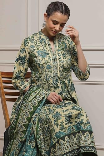 Biba Women Green Cotton Anarkali Printed Suit Set_36