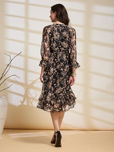 Latin Quarters Women's Black Printed V-Neck 3/4Th Sleeve Casual Fit & Flare Dress_M