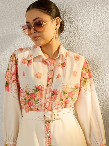 Sassafras Women Off White Floral Midi Belted Shirt Dress-M