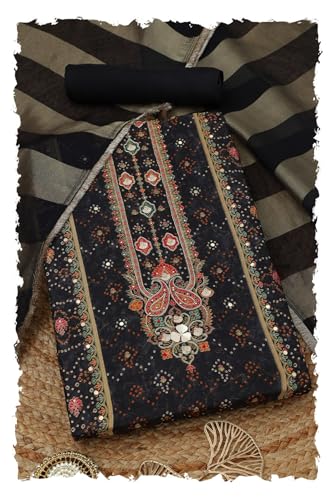 Soch Womens Black Russian Silk Bandhani Print Unstitch Dress Material With Faux Mirror