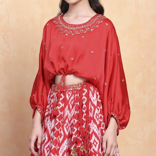 Biba Girl's Polyester Lehenga Set (KWSNKIS6316SS25RED_Red_14-15 Year)
