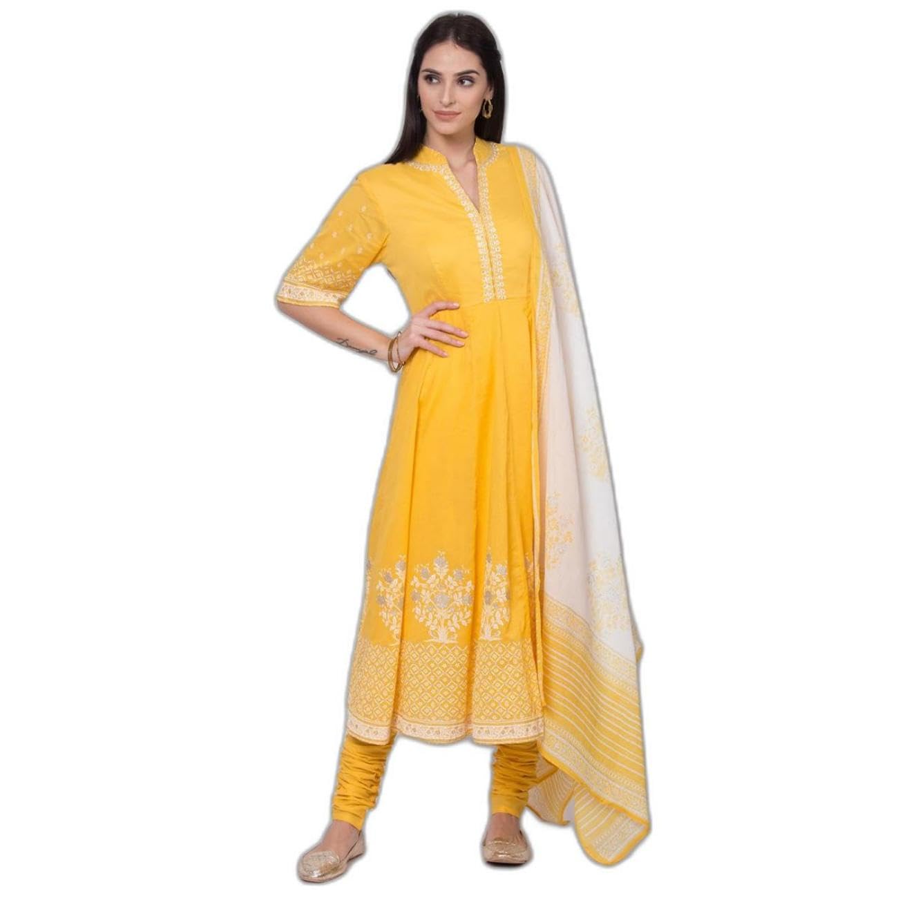 BIBA Women's Cotton Printed Fitted Salwar Kurta Dupatta (Skdassorted5919E_Yellow_38)