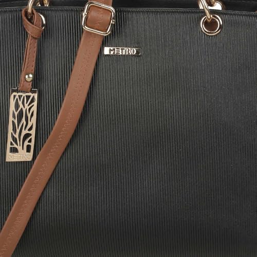 Metro Women Black Faux Leather Handbag with Detachable Sling (66-7852)