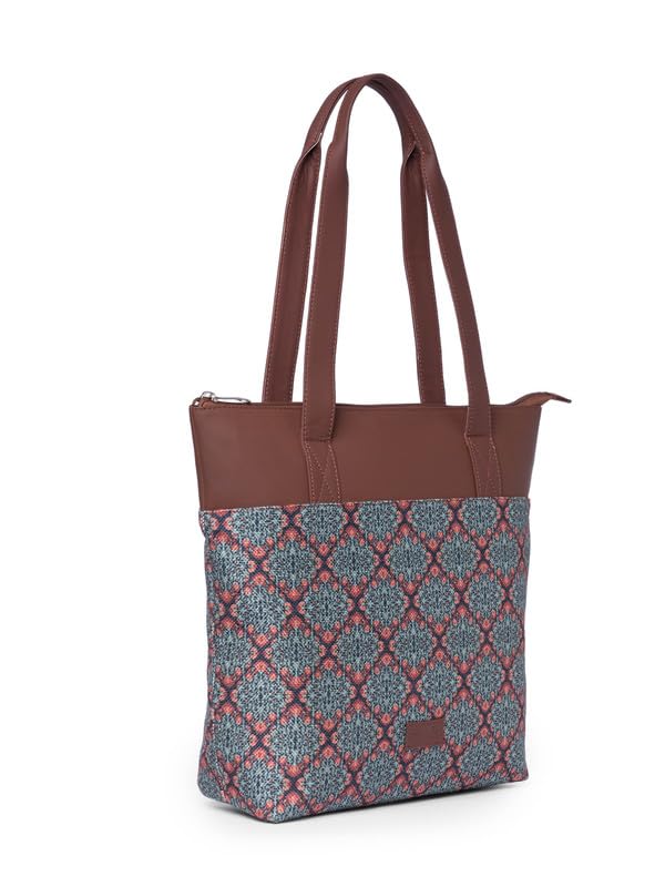 ZOUK Kolkata Nouveau Motif Printed Women's Jute Handcrafted Vegan Leather Multicolor Everyday Tote