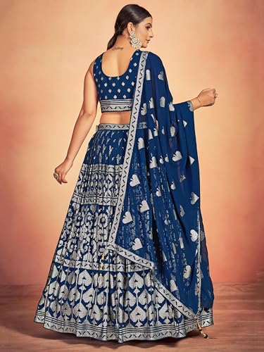 Zeel Clothing Women's Pure Georgette Semi-stitched Sequins Thread Embroidered Work Lehenga Choli With Dupatta (5117-Blue--Lehenga-Choli-New; Free Size)
