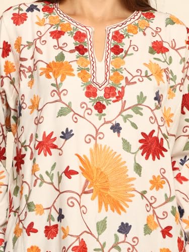 CRAFTBAZAR Kashmiri Full Embroidered Woolen Phiren (Cream)