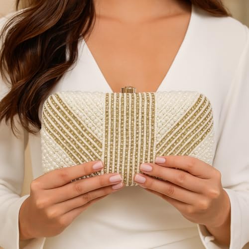 Amerie Fashions Women & Girls Embroidered White Pearl Nag Chain Beaded Clutch Purse for Party Wedding