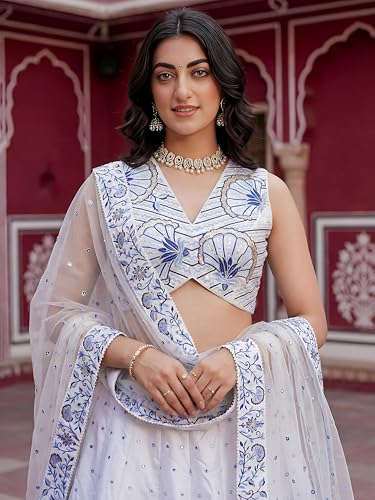 Zeel Clothing Women's Sequins Thread Embroidered Satin Designer Lehenga Choli With Dupatta (7079-White-Women-Lehenga-Choli-Set; Free Size)