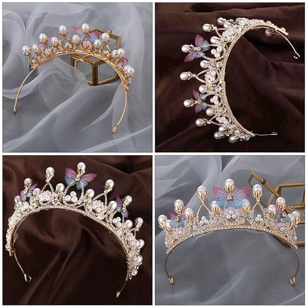 NIOFY Crystal Tiara Crown Pearl Princess Costume Crown Headband Flower Pageant Handmade Hair Accessories Cosplay,Birthday,Celebration for Girl Women