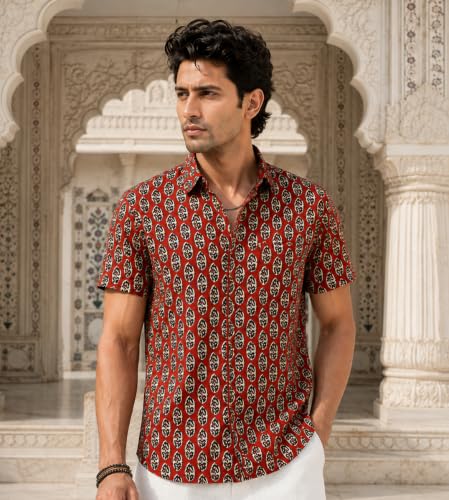 Majestic Man Men's Printed Pure Cotton Casual Shirt | Half Sleeve | Slim Fit | Collared Neck | Sanganeri/Jaipuri/Prints (in, Alpha, 2XL, Plus, Bright Rust)