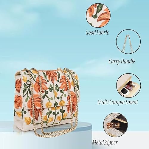 VELUCIA Womens Floral Embroidered Sling Bag With Chain Strap (Cream)