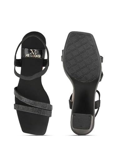 XE Looks Black Women’s Trendy Block Heel Sandals | Embellished Double Strap Ankle Strap Heels with Cushioned Footbed | Party & Casual Occasion | For Women & Girls