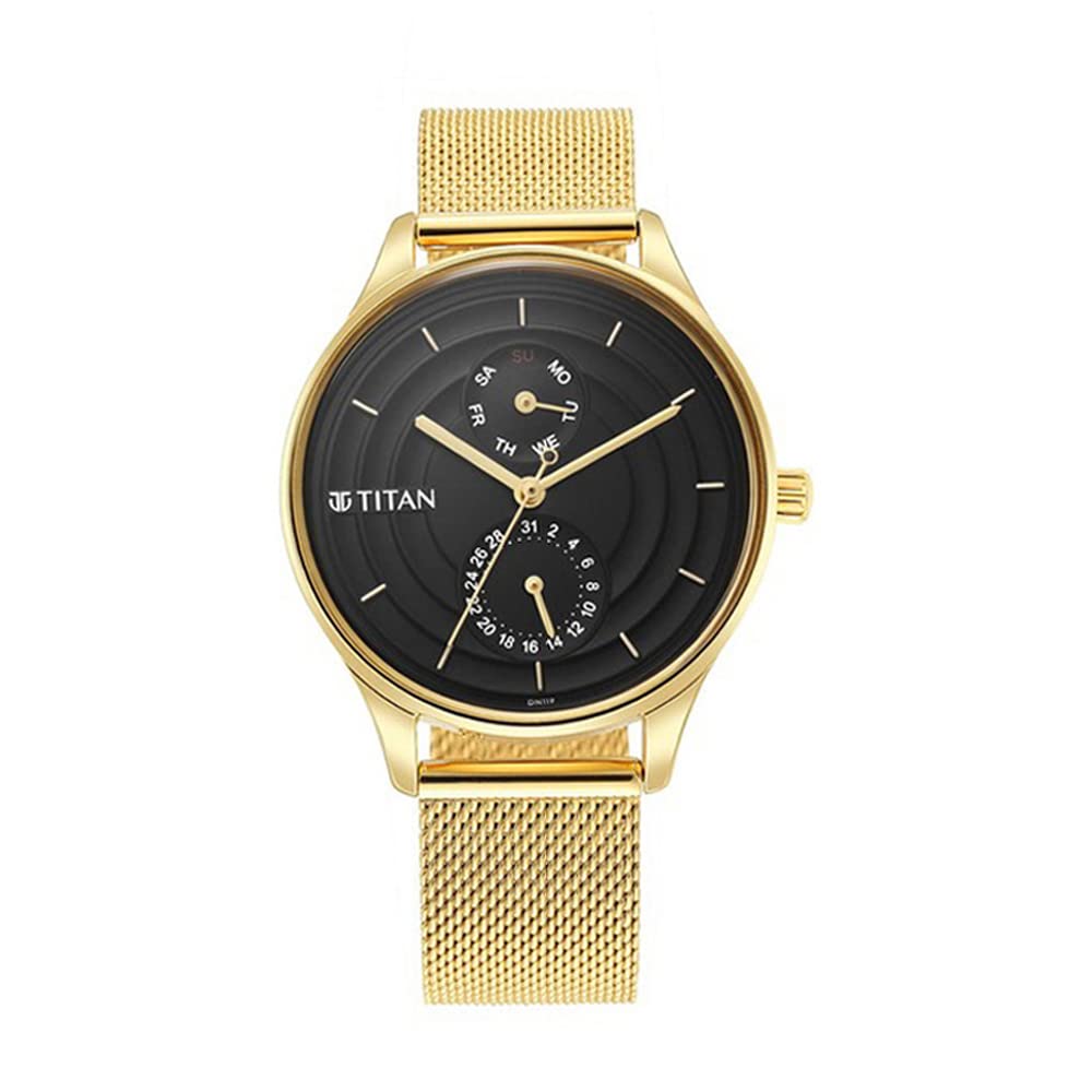 Titan Workwear Neo Workdays Quartz Multifunction Black Dial Gold Stainless Steel Strap Watch for Women - NS2670YM02