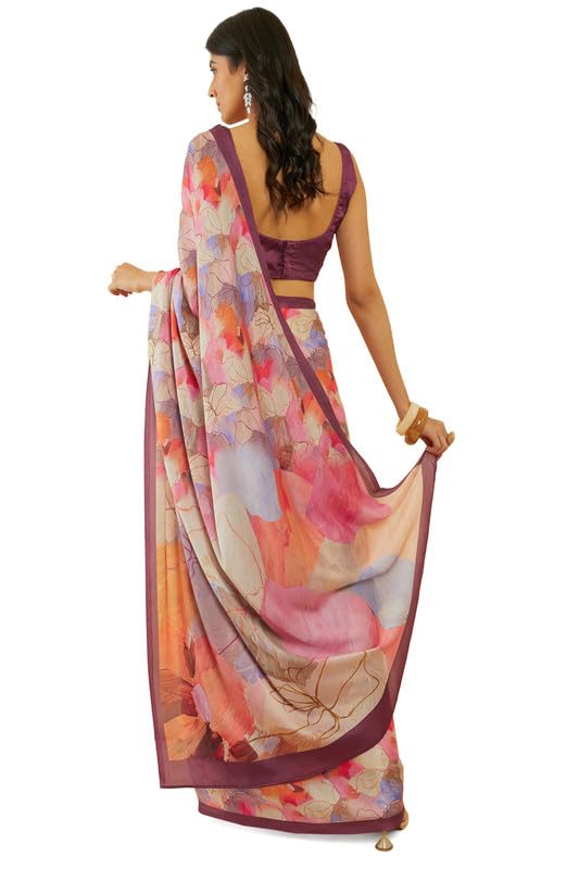 Soch Womens Wine Floral Print Crepe Saree