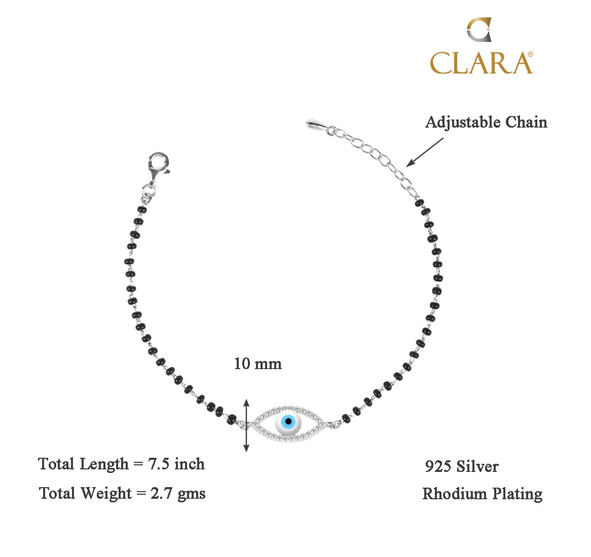 Clara Womens 925 Sterling Silver Evil Eye Halo Hand Mangalsutra Bracelet | Black Beads, Rhodium Plated | Gift For Wife