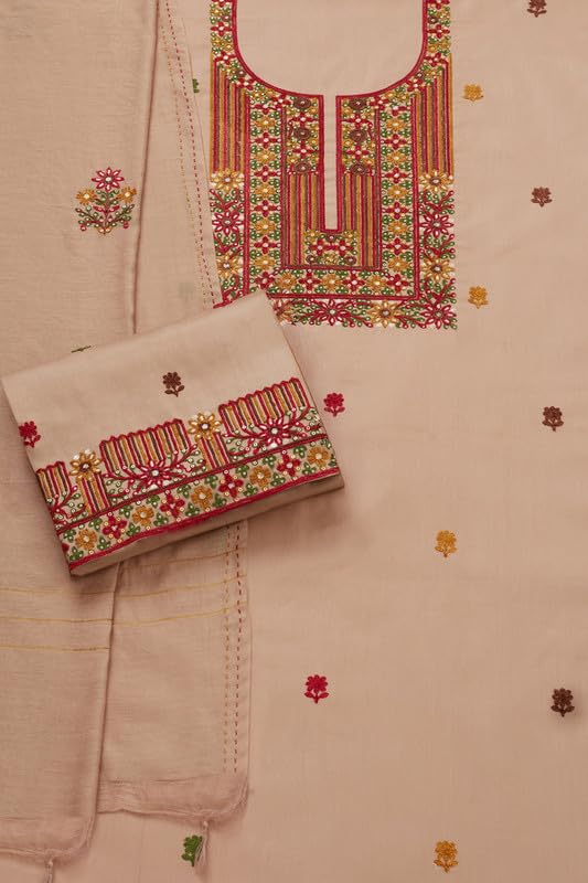 Soch Womens Beige Cotton Blend Embroidered Unstitch Dress Material With Sequins