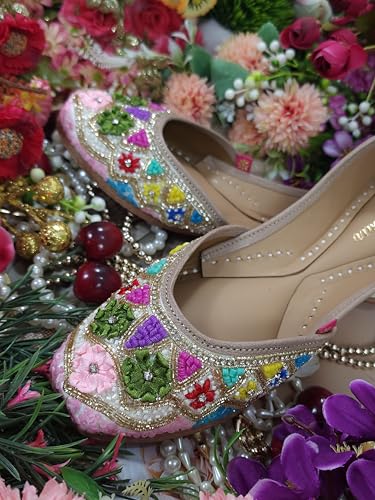 Fulkari Women Flowers Beige Gold Multi Formal Genuine Soft Leather Jutis | Bite and Pinch Free Juttis | Punjabi Jutti | Girl's Wedding Flat Ladies Mojari Ethnic Juti | 40