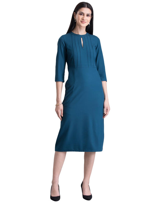 FableStreet Women's Polyester Stylised Neck Pintuck Midi Dress Teal